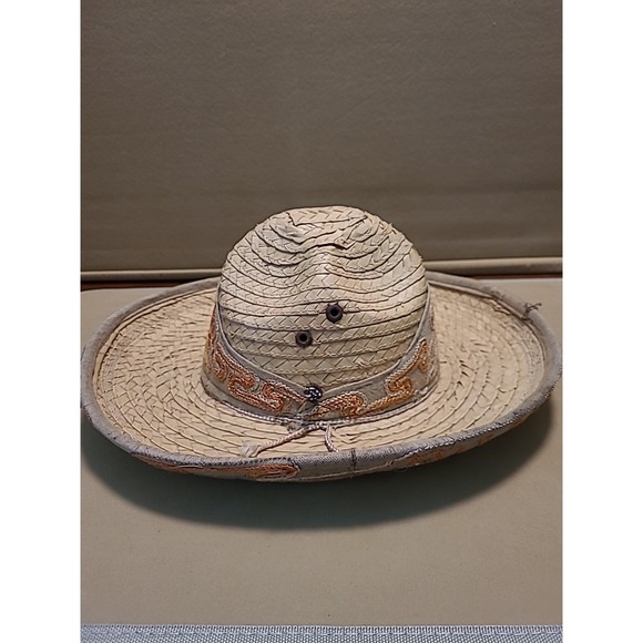 Vintage Straw Hat Woven With Design Embroidered‎ Orange Yellow Small 7" Opening - Picture 4 of 16